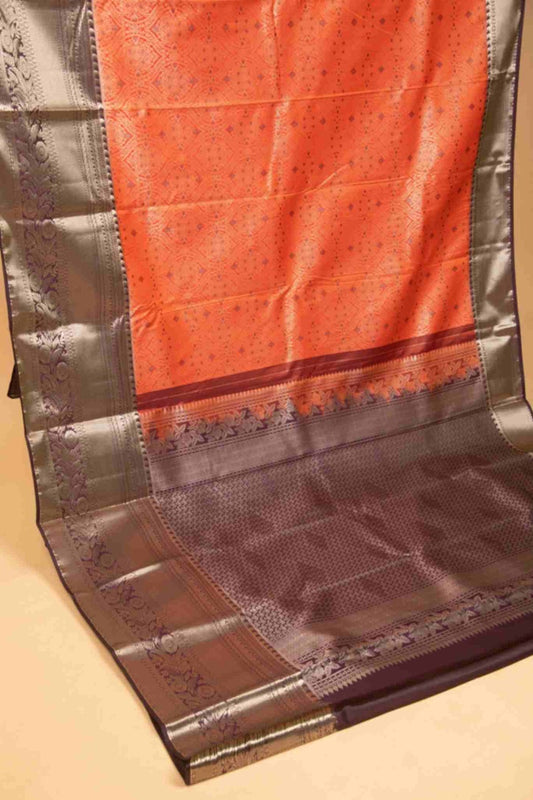 Orange and brown brocade silk saree