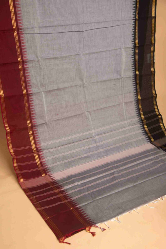 Grey with black and pink retta pettu kanchi cotton saree