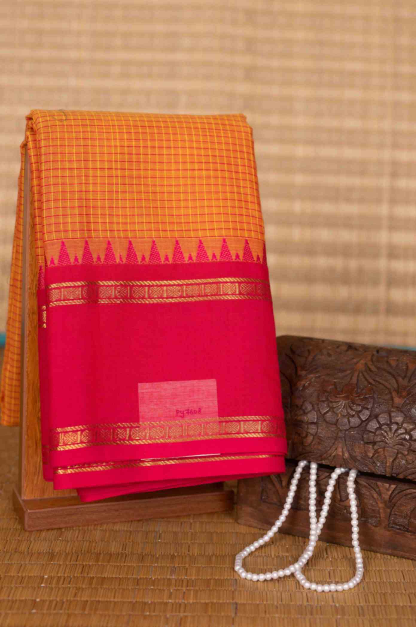 Orange and pink retta pettu kanchi cotton saree