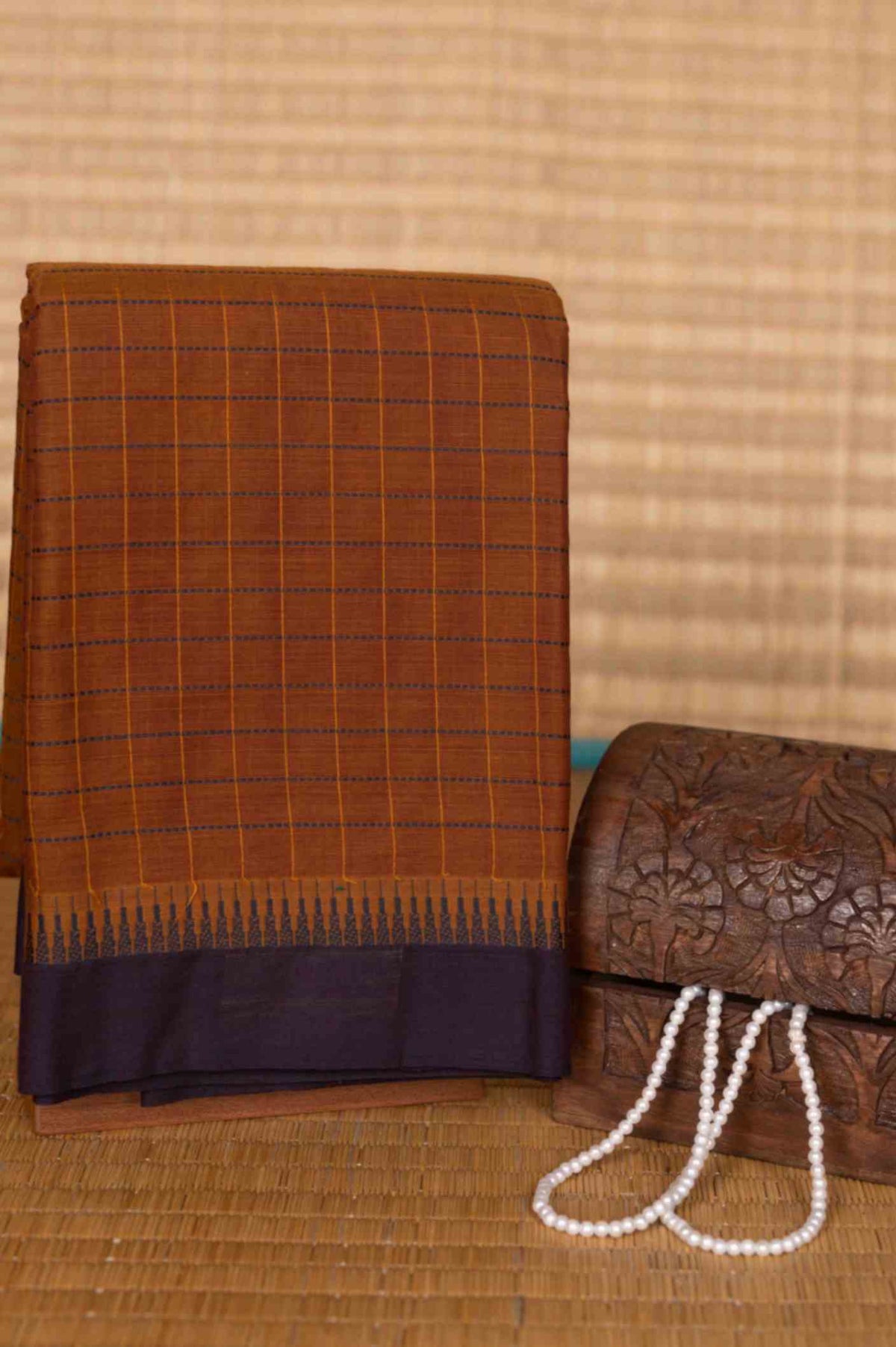 Brown and blue kanchi cotton saree