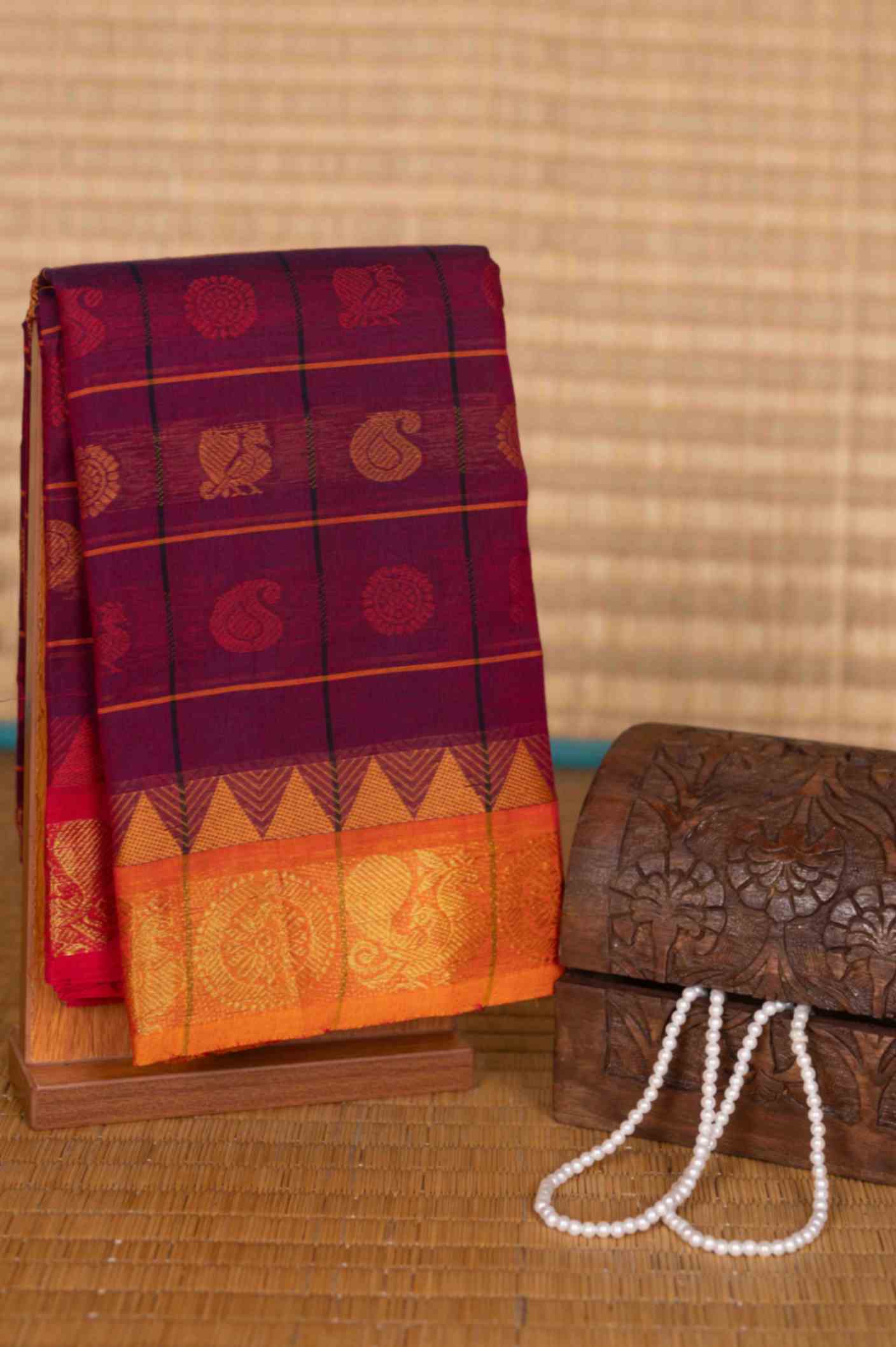 Purple mustard and pink ganga jamuna kanchi cotton saree