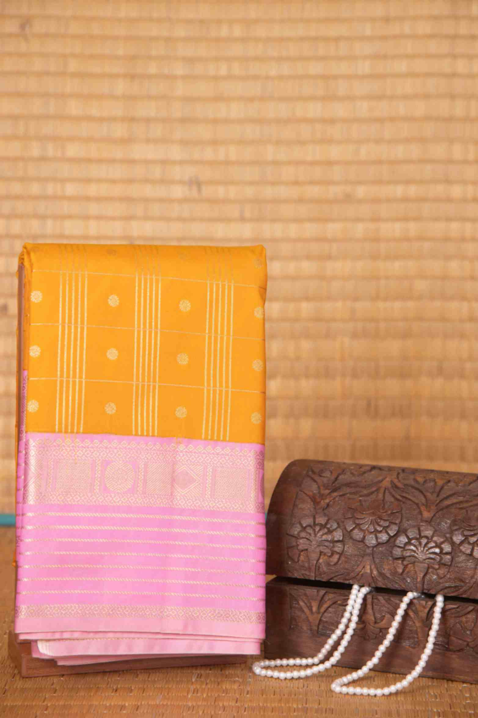 Yellow and baby pink retta pettu semi silk saree