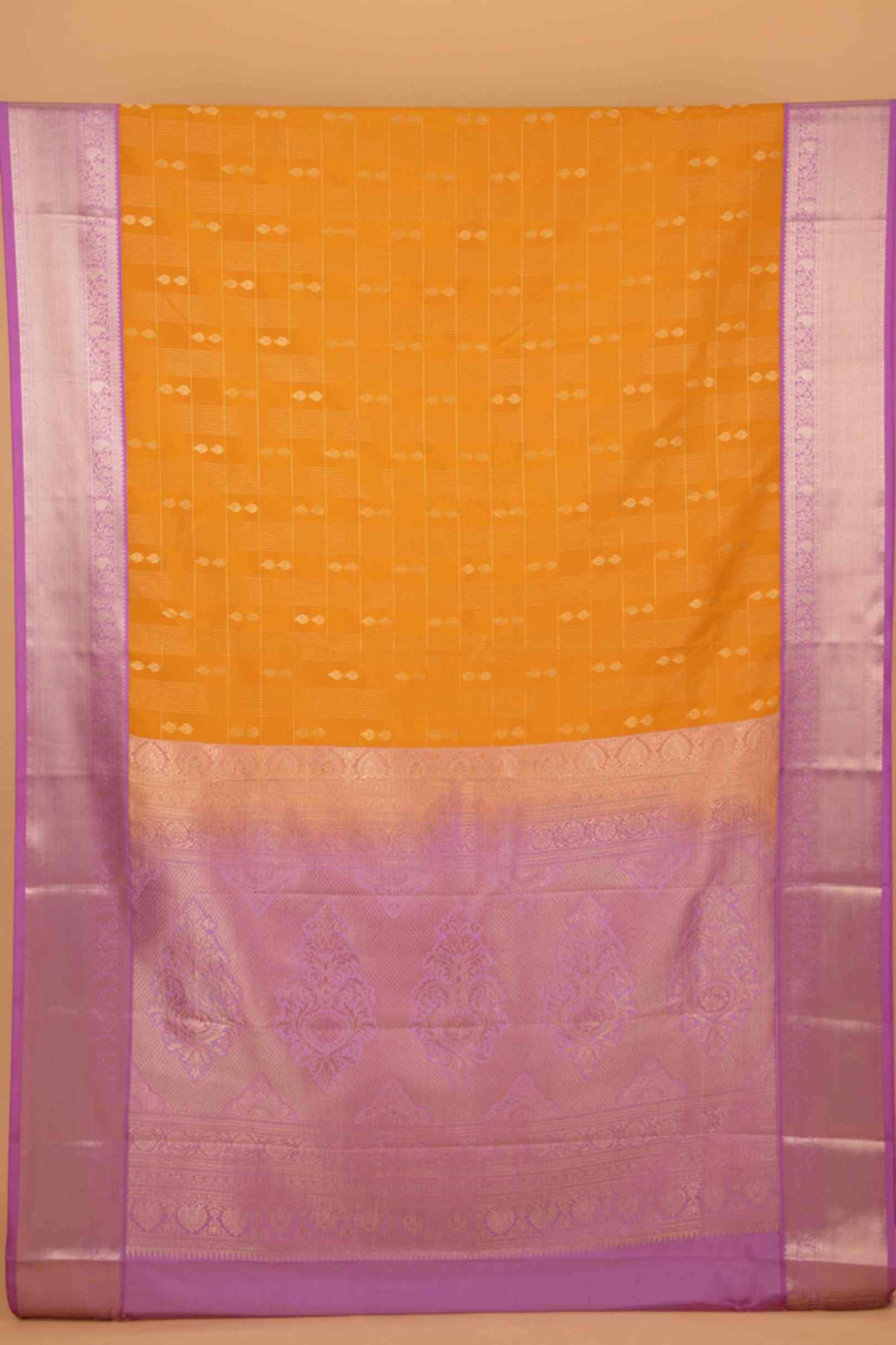 Marigold yellow and lavender soft silk saree