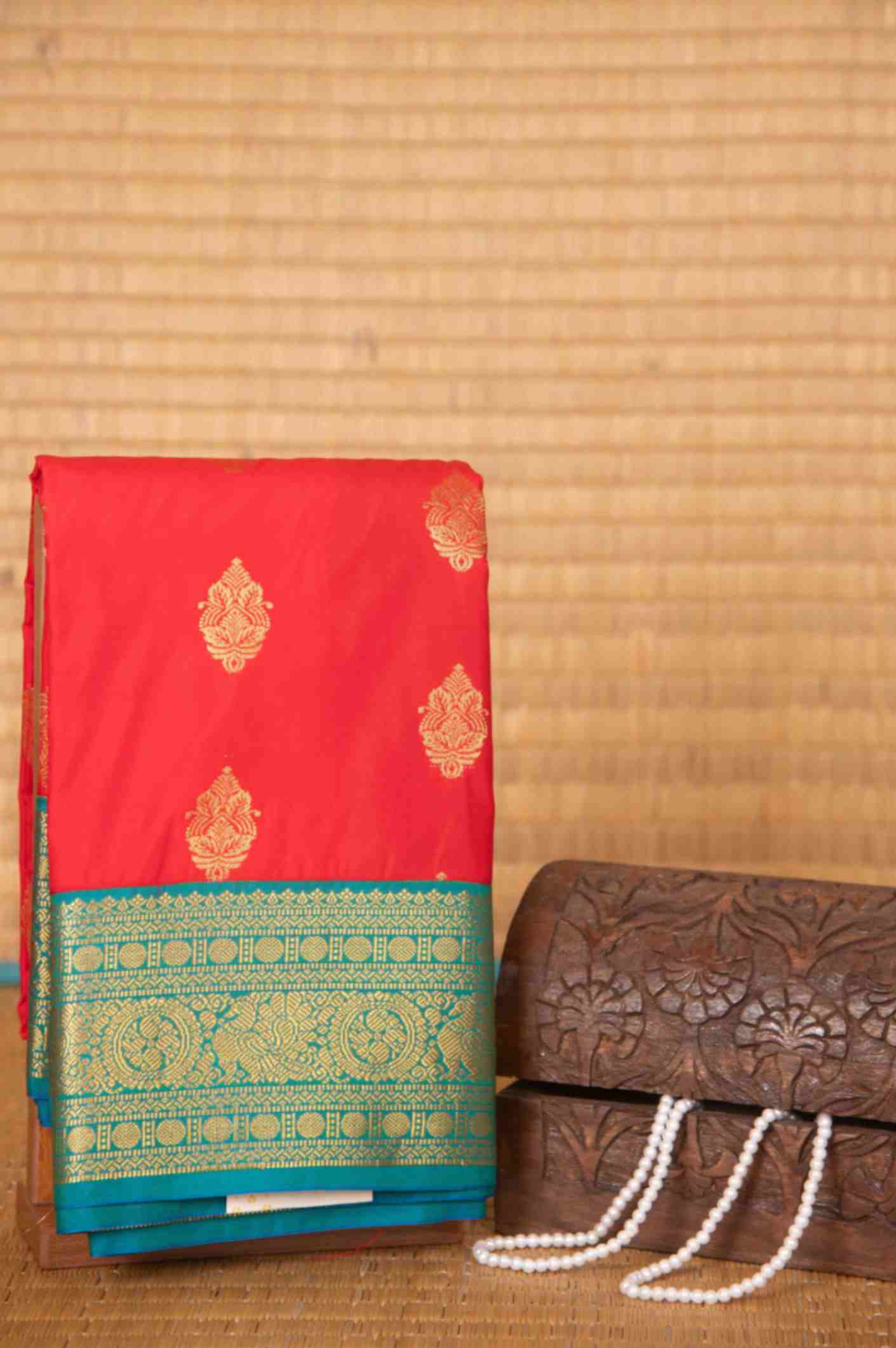 Red and teal korvai semi silk saree
