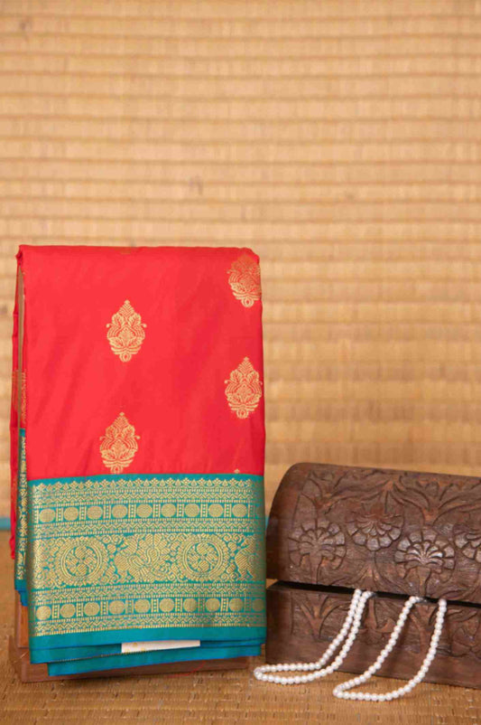 Red and teal korvai semi silk saree