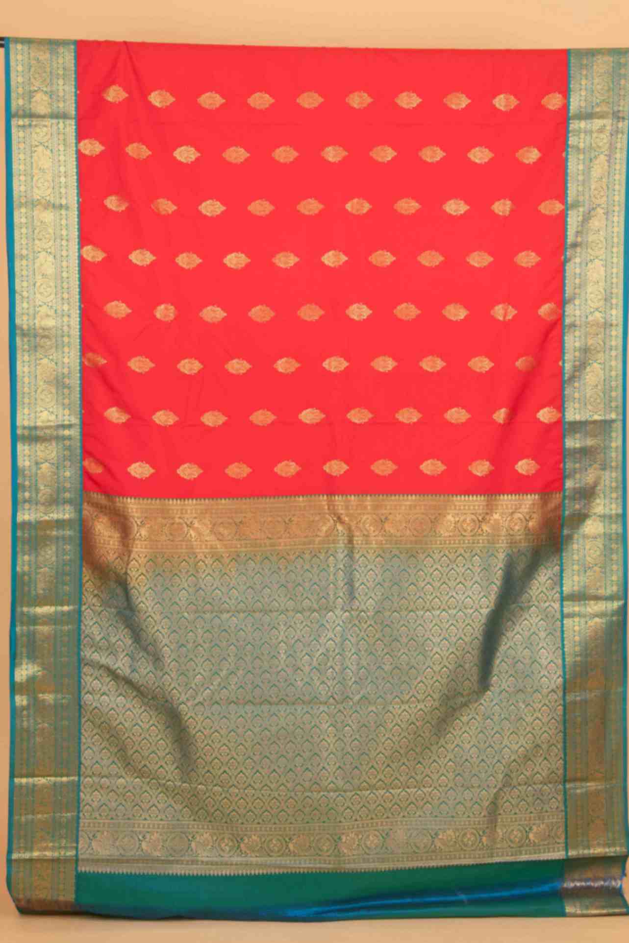 Red and teal korvai semi silk saree