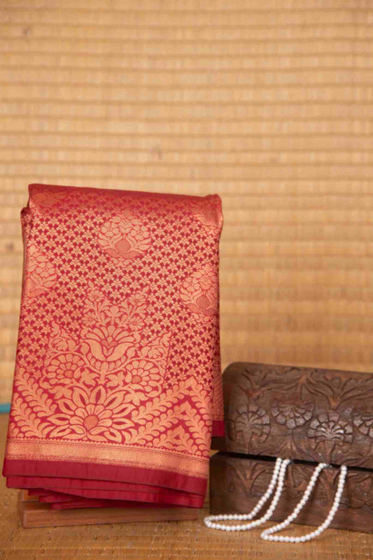 Blood red designer brocade semi silk saree