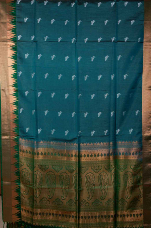 Peacock Blue and green temple border silk saree